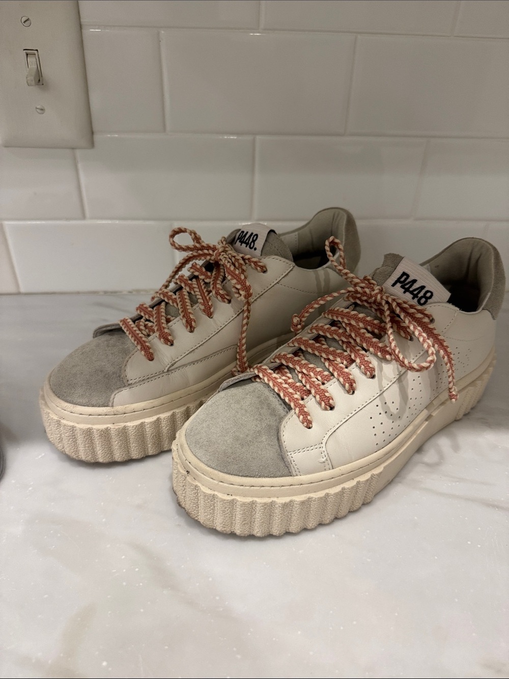 P448 Cream and Gray Platform Sneakers with Pink-Tan Braided Laces